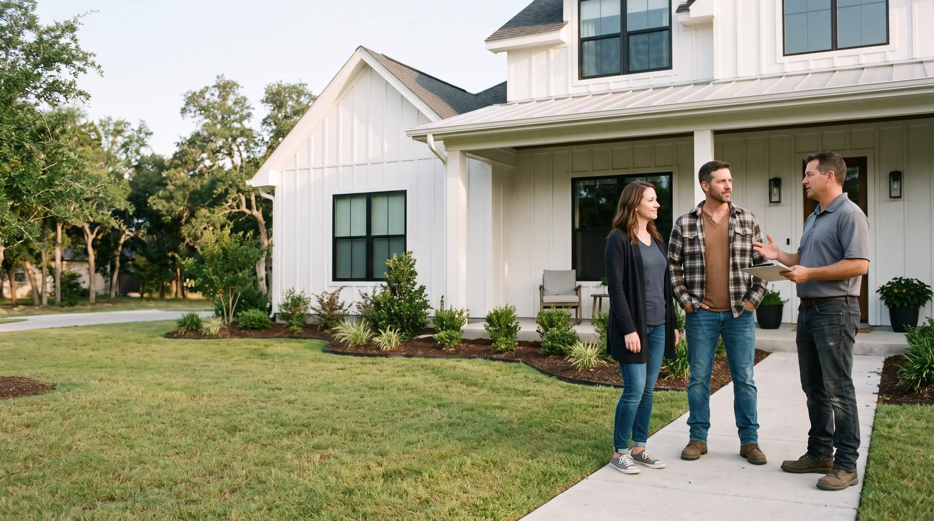 A contractor talking with a homeowner couple on the front walk of a white modern farmhouse in morning light